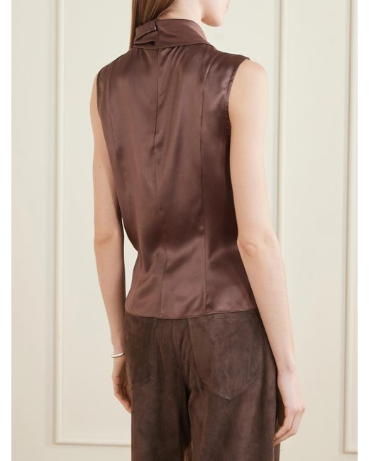 Brunello Cucinelli Brown Wrap-Effect Sleeveless Draped Silk-Blend Satin Blouse