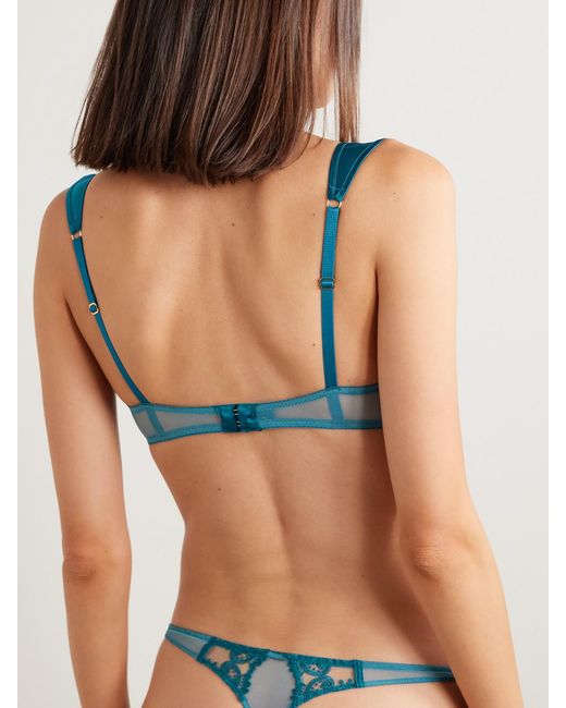 Kiki de Montparnasse Blue Juliette Satin-Trimmed Embroidered Tulle Soft-Cup Underwired Balconette Bra