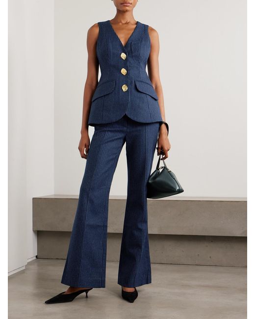 Cara Cara Blue Tristan Pinstriped Brushed Wool-Blend Flared Pants