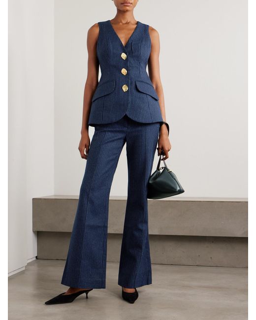 Cara Cara Blue Tristan Pinstriped Brushed Wool-Blend Flared Pants