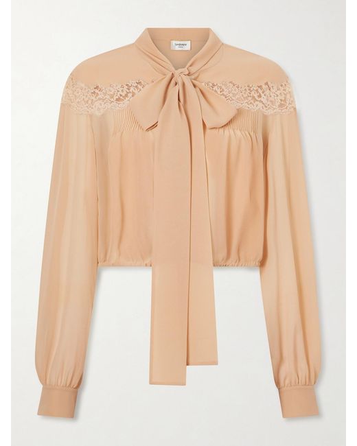 Saint Laurent Natural Cropped Pussy-Bow Lace-Trimmed Silk-Georgette Blouse