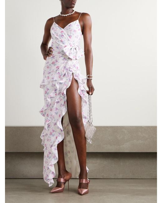 Alessandra Rich Pink Ruffled Floral-Print Silk-Satin Gown
