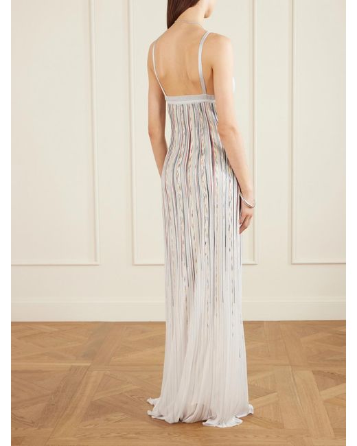 Missoni White Pleated Striped Metallic Ribbed-Knit Maxi Dress