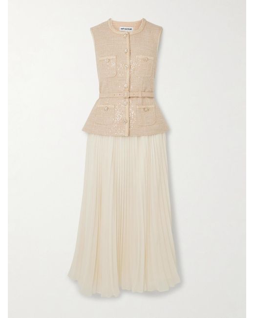 Self-Portrait Natural Belted Layered Crystal-Embellished Sequined Bouclé And Pleated Chiffon Midi Dress