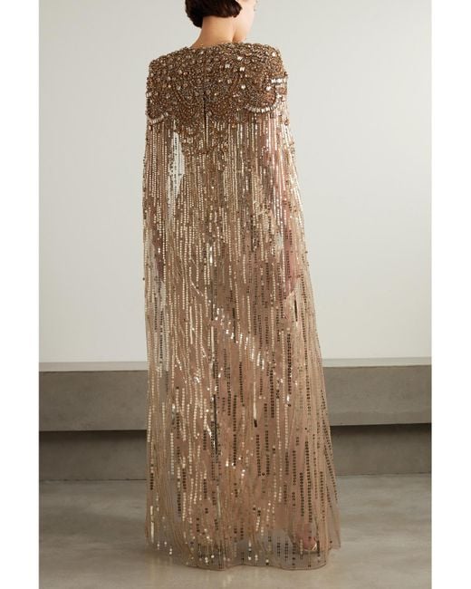 Jenny Packham Natural Lotus Cape-effect Embellished Tulle Gown