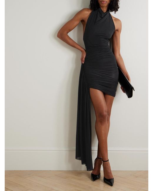 the villa mini dress black Maygel Coronel Draped Gathered Stretch-Jersey Halterneck in this mini dress combines
