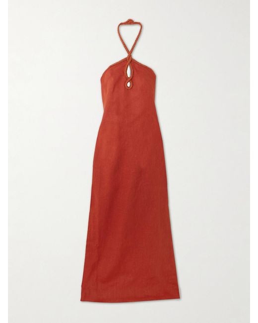 ANDRES OTALORA Red Atardeceres Cutout Embellished Halterneck Maxi Dress