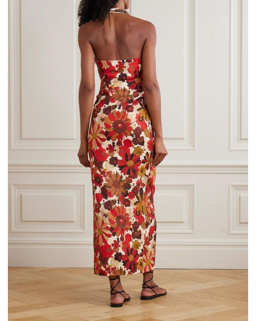 Sir Castella Tie-Detailed Gathered Floral-Print Linen Halterneck Midi Dress