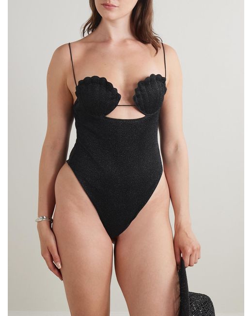 Oseree Black Lumière Shell Cutout Lurex Swimsuit