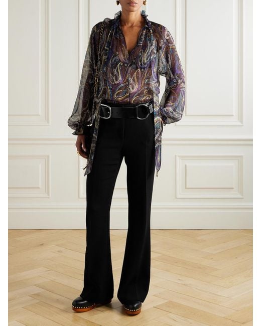 Etro Gray Pussy-Bow Printed Metallic Silk-Crepon Blouse