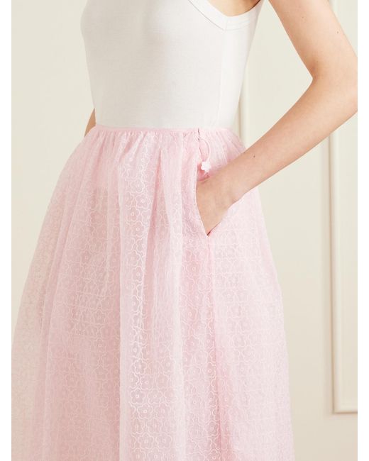 CECILIE BAHNSEN Pink Embroidered Cotton-Blend Midi Skirt