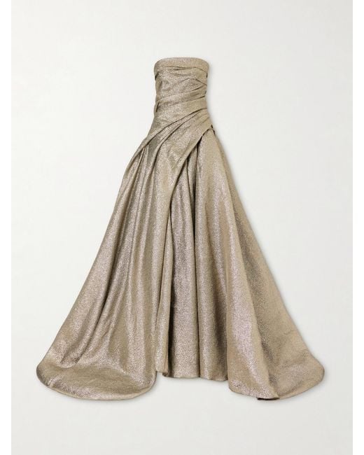 Marmar Halim Natural Off-The-Shoulder Draped Brocade Gown