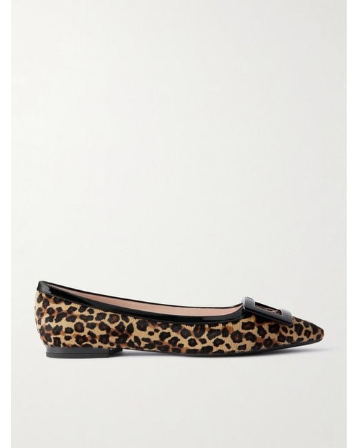 Roger Vivier White Gommettine Buckled Patent Leather-Trimmed Leopard-Print Calf Hair Ballet Flats