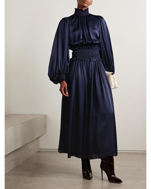Zimmermann Blue Dream Ruffled Shirred Silk-Satin Maxi Skirt