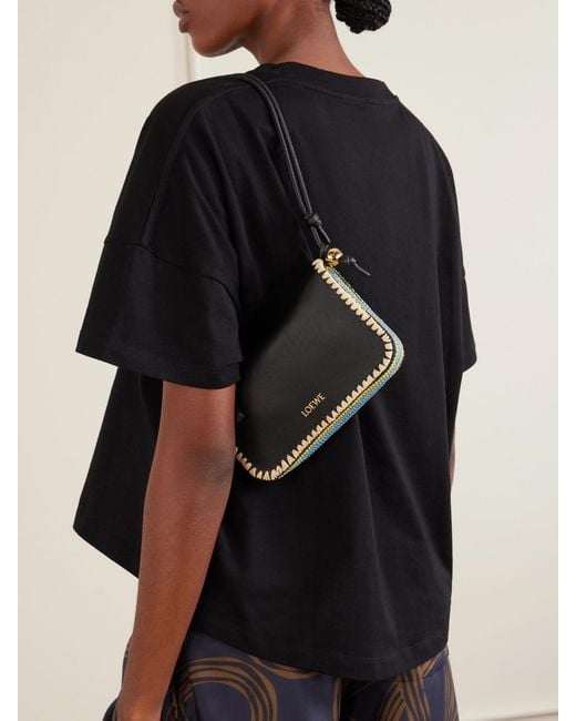 Loewe Black Paula's Ibiza Rio Raffia-Trimmed Leather Shoulder Bag