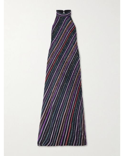 Missoni Blue Neckholder-Maxikleid Aus Gestreiftem Häkelstrick Mit Pailletten