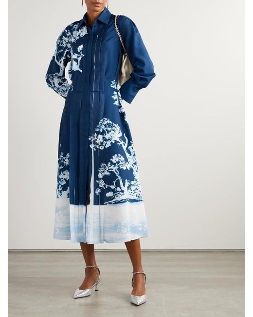 Erdem Blue Printed Crepe De Chine Midi Dress