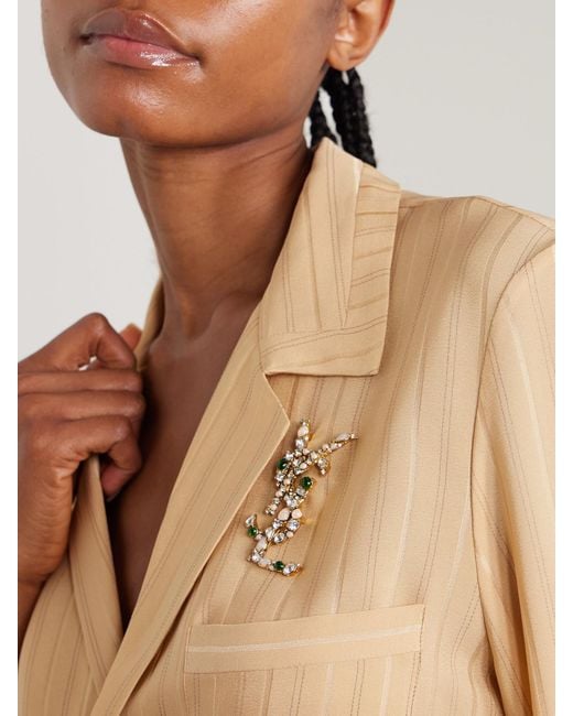 Saint Laurent White Cassandre Embellished-Tone Brooch