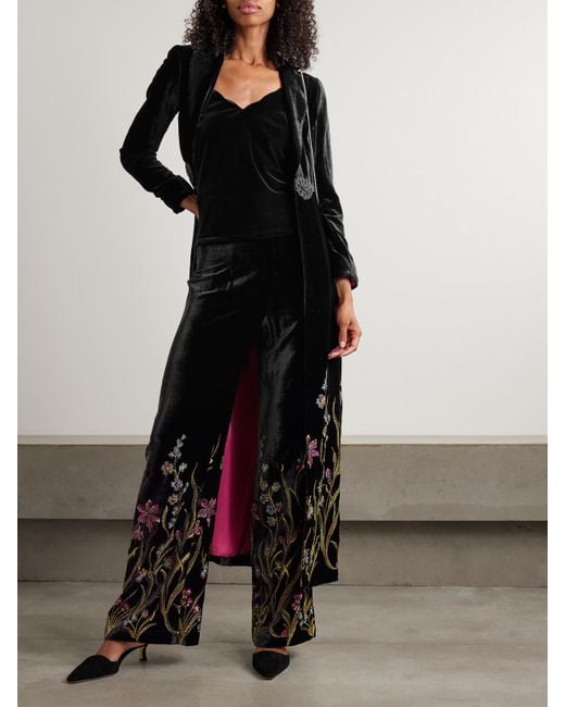 Loretta Caponi Black Cipro Embroidered Velvet Straight-Leg Pants