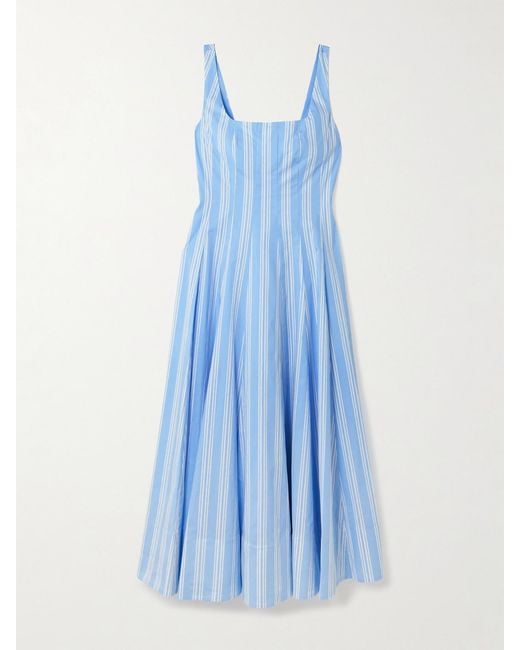Staud Blue Wells Paneled Striped Cotton-Blend Poplin Midi Dress