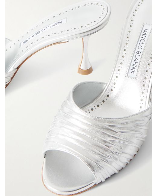 Manolo Blahnik White Pirua 70 Crinkled Metallic Leather Mules