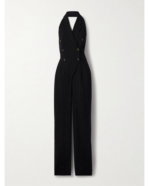 Sergio Hudson Black Double-Breasted Pinstriped Twill Jumpsuit