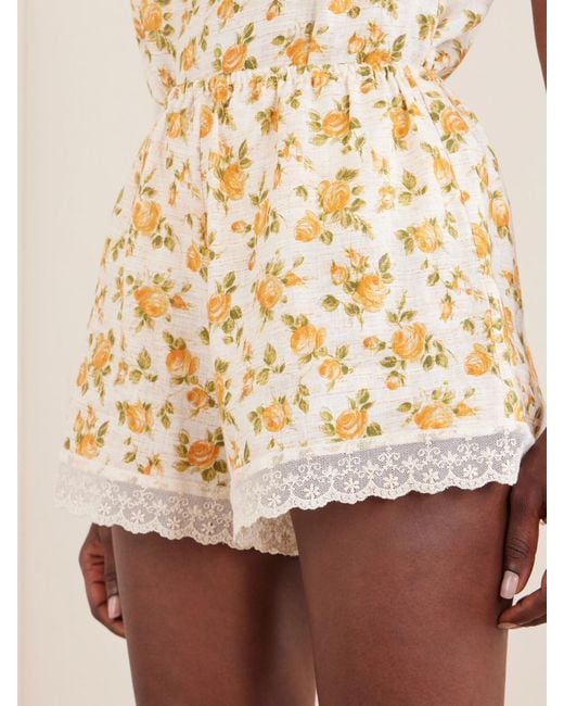 Miguelina White Celestine Floral-Print Lace-Trimmed Linen Shorts
