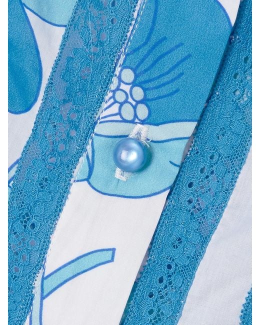 Loretta Caponi Blue Lace-Trimmed Floral-Print Cotton-Voile Top