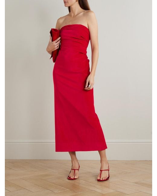 TOVE Red Sabella Strapless Ruched Cotton-Blend Velvet Midi Dress