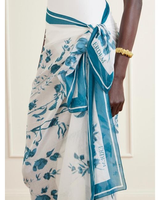 Erdem Blue Floral-Print Cotton-Voile Pareo