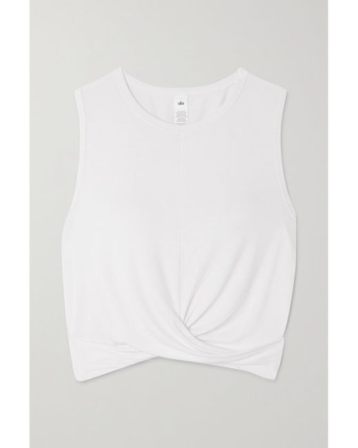 Alo Yoga White Cover Cropped Draped Stretch-Jersey Tank