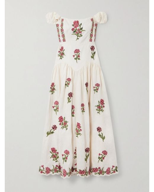 Agua Bendita Natural Siembra Off-The-Shoulder Appliquéd Embroidered Printed Linen Maxi Dress