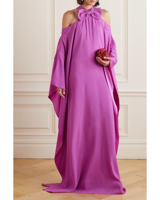 Oscar de la Renta Pink Bow-Embellished Cold-Shoulder Crepe De Chine Gown
