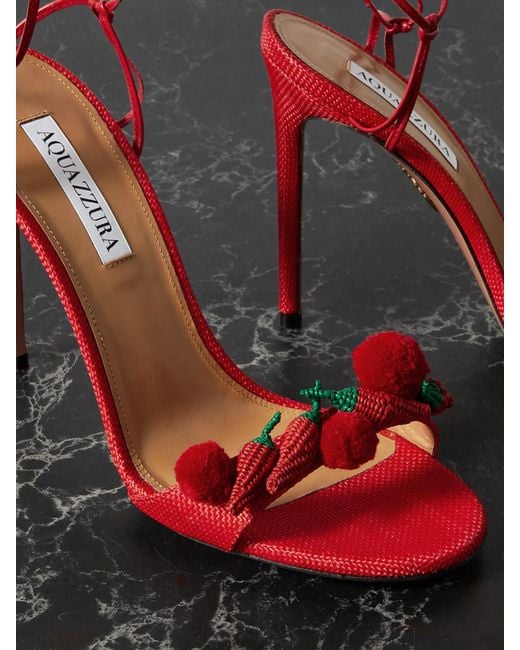Aquazzura Red Chilli 105 Embellished Raffia And Leather Sandals