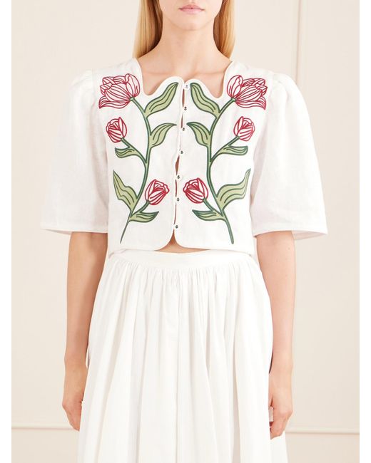 Farm Rio Natural Floral-Embroidered Cropped Linen Top