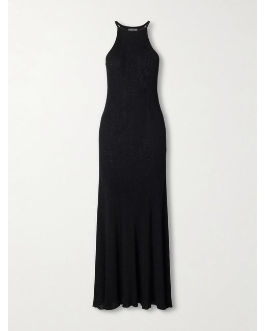 Tom Ford Black Ribbed Lurex Halterneck Maxi Dress