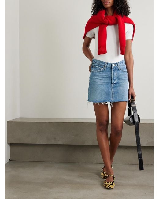 Agolde Blue V-Waist Frayed Denim Mini Skirt
