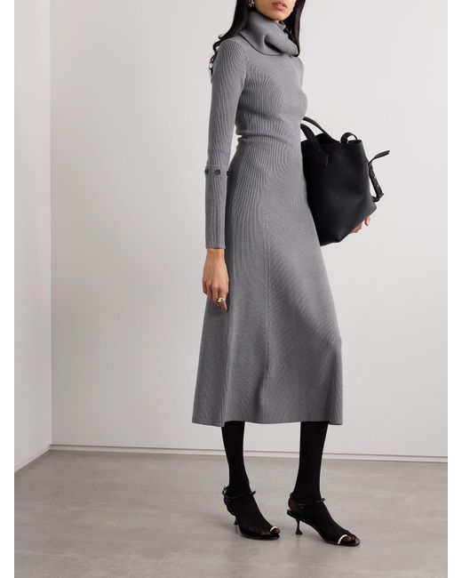 Proenza Schouler Gray Jocelyn Button-Detailed Ribbed-Knit Turtleneck Midi Dress