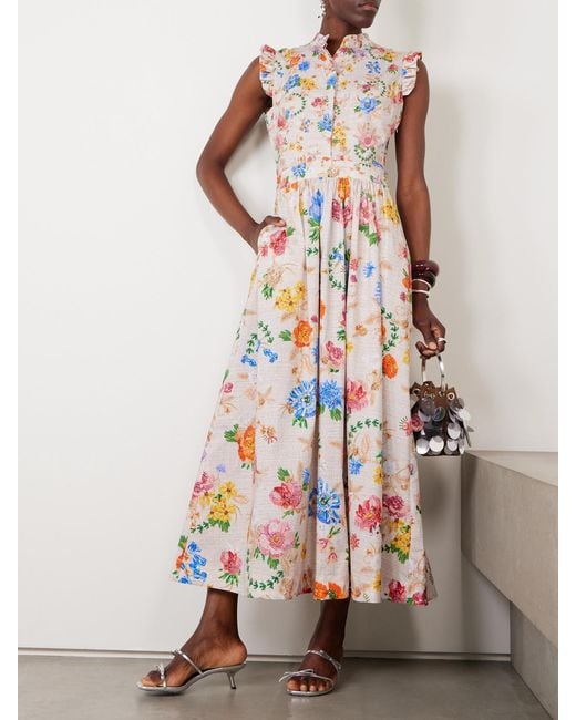 Mary Katrantzou White Sezanne Floral-Print Cotton-Poplin Midi Dress