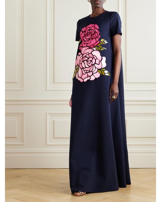 Oscar de la Renta Blue Appliquéd Wool-Blend Gown