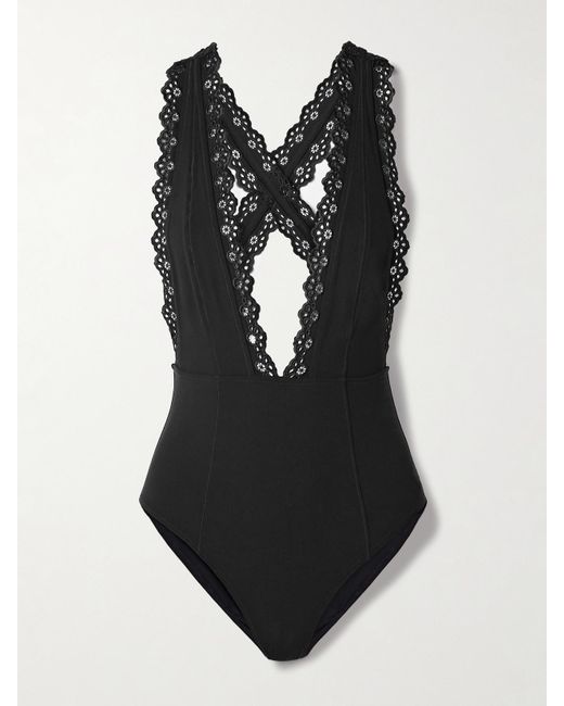 Ulla Johnson Black Ophelia Broderie Anglaise-Trimmed Swimsuit