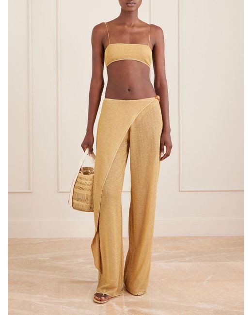 Oseree Natural Lumiere Embellished Lurex Wide-Leg Pareo Pants