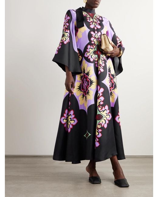 la double j purple dress La DoubleJ Icon Magnifico Draped Printed Silk-Twill Maxi Dress in Purple