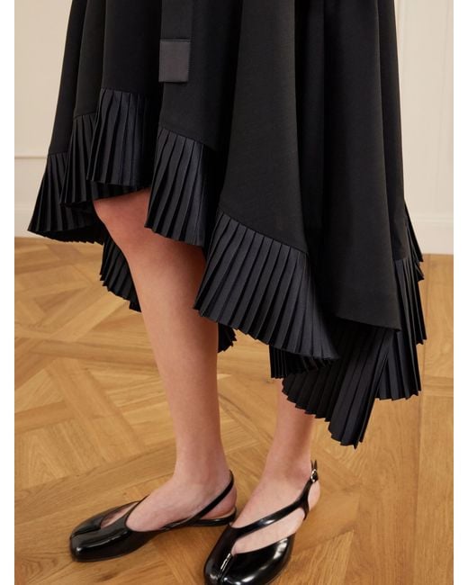 Sacai White Pleated Wool-Trimmed Plissé-Chiffon Midi Dress