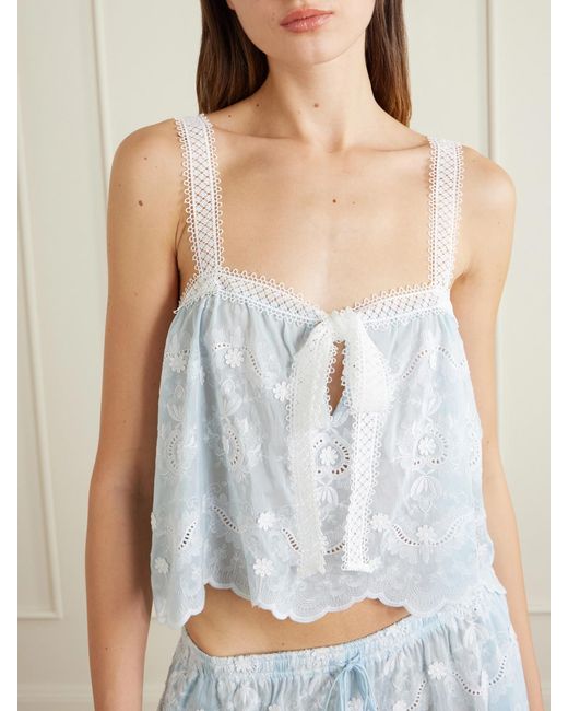 Miguelina White Kaila Cropped Asymmetric Bow-Detailed Embroidered Silk-Blend Voile Top