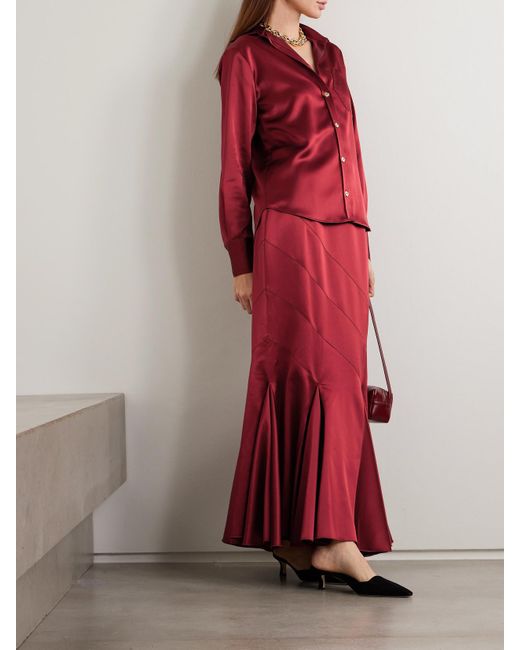 Violante Nessi Red Gentileschi Pleated Paneled Satin Maxi Skirt