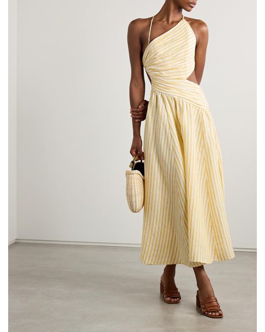 Robe Midi En Lin À Rayures, Fronces Et Découpe Cascadian Zimmermann en coloris White