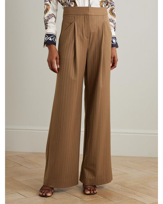 Veronica Beard Natural Rimini Pleated Pinstriped Woven Wide-Leg Pants