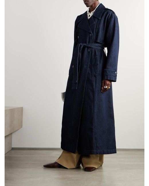 Frankie Shop Blue Double-Breasted Denim Trench Coat
