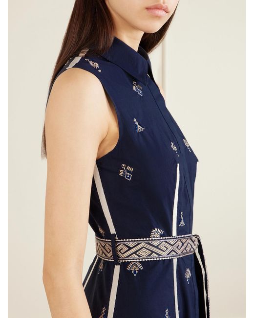 Emporio Sirenuse Blue Belted Embroidered Cotton-Poplin Midi Dress